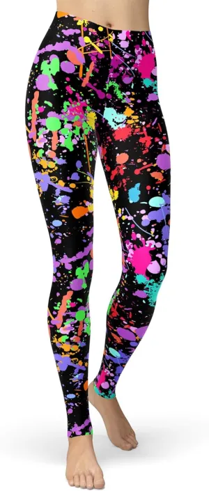 sissycos Women's 80s Leggings Neon Artistic Splash Printed Buttery Soft Stretchy Pants