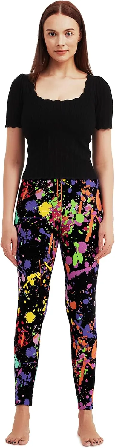 sissycos Women's 80s Leggings Neon Artistic Splash Printed Buttery Soft Stretchy Pants