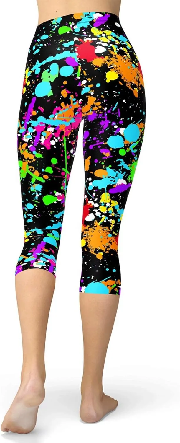 sissycos Women's Artistic Splash Printed Cropped Capri Leggings Buttery Soft Tights 21"