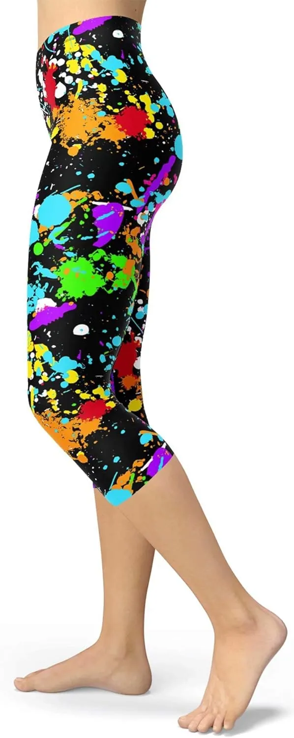 sissycos Women's Artistic Splash Printed Cropped Capri Leggings Buttery Soft Tights 21"