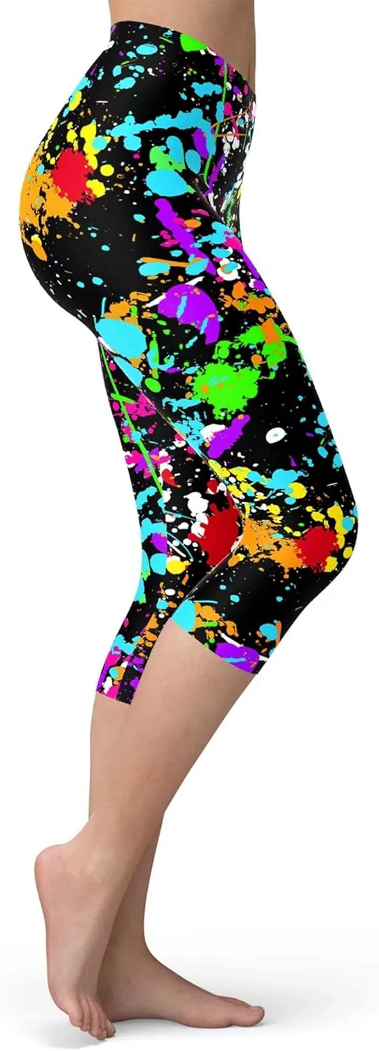 sissycos Women's Artistic Splash Printed Cropped Capri Leggings Buttery Soft Tights 21"
