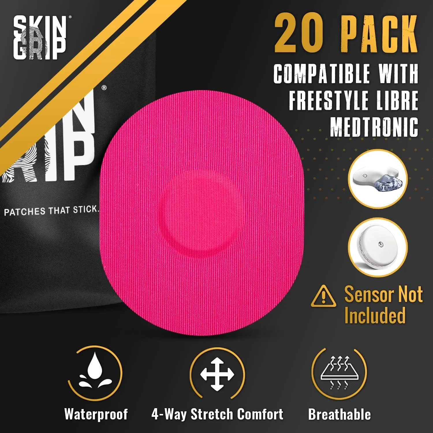 Skin Grip CGM Sensor Patches Compatible with Medtronic Guardian (20-Pack), Waterproof & Sweatproof for 10-14 Days, Pre-Cut Adhesive Tape, Continuous Glucose Monitor Patch, Rainbow Pack