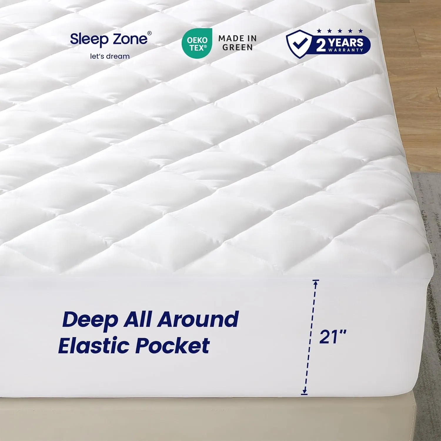 SLEEP ZONE Mattress Cover Queen Size Bed, Quilted Fitted Mattress Pad, Deep Pocket Mattress Protector Stretches up to 21 inches, Pillowtop Breathable Mattress Topper (White, 60x80)