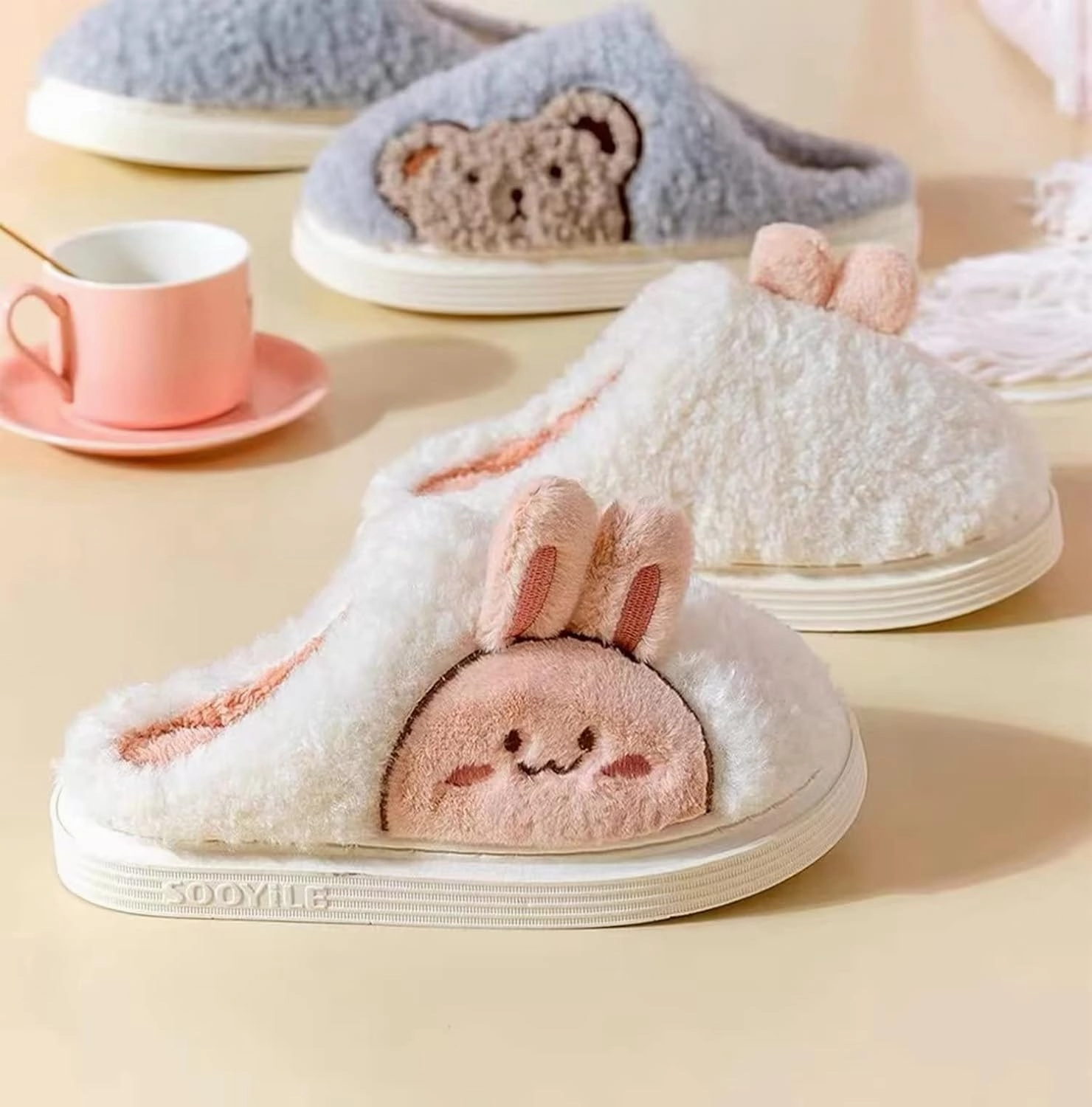 Slippers for Women Indoor Fluffy Cute Bunny Bears Faux Fur Lined Slide Shoes Comfy Memory Foam Fuzzy Slippers