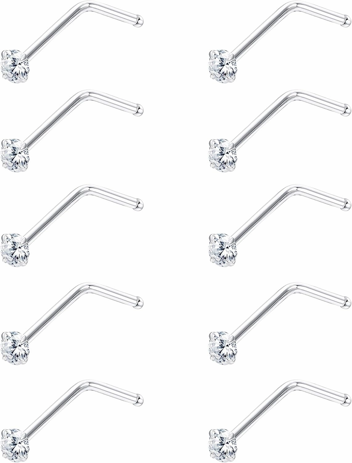 Sllaiss 10Pcs 22G Sterling Silver Small L Shape Nose Ring Studs for Women Mens Czech Crystal Curved Nose Piercings Set Body Jewelry Hypoallergenic