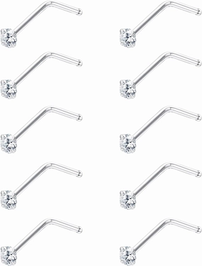 Sllaiss 10Pcs 22G Sterling Silver Small L Shape Nose Ring Studs for Women Mens Czech Crystal Curved Nose Piercings Set Body Jewelry Hypoallergenic