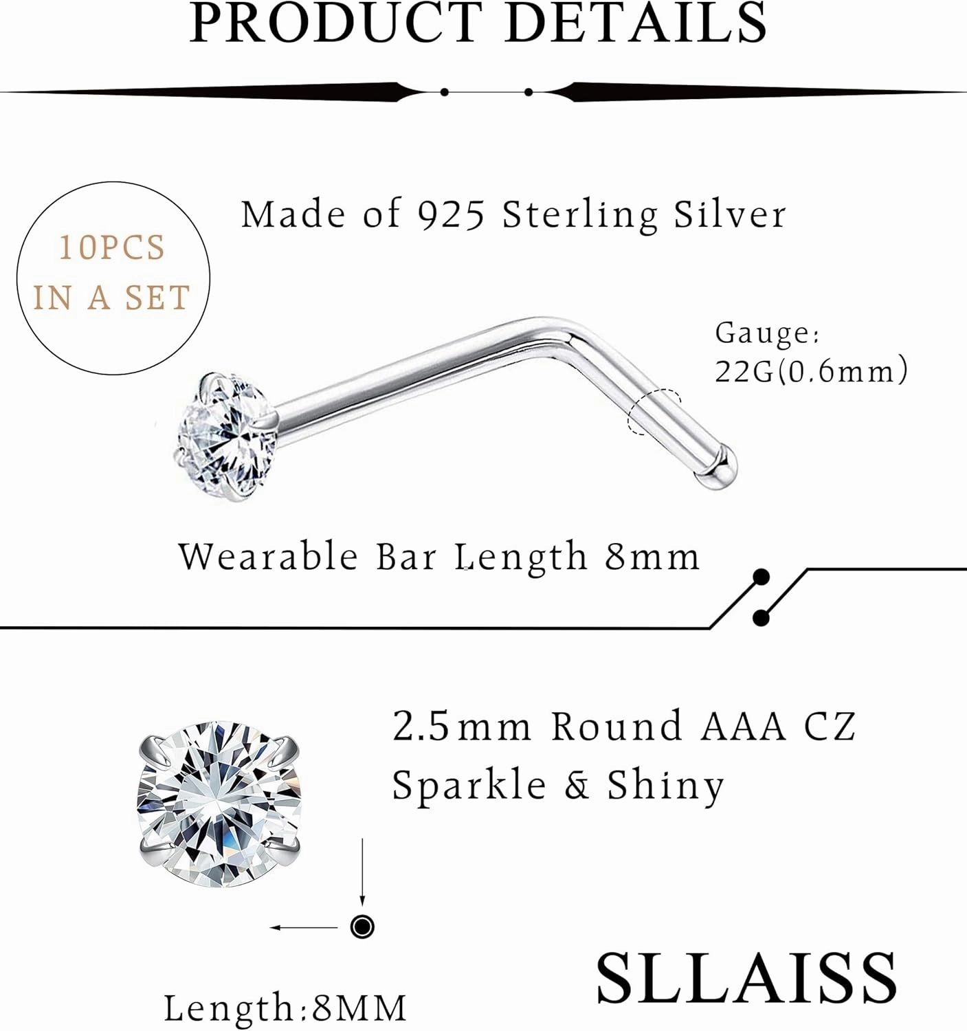 Sllaiss 10Pcs 22G Sterling Silver Small L Shape Nose Ring Studs for Women Mens Czech Crystal Curved Nose Piercings Set Body Jewelry Hypoallergenic