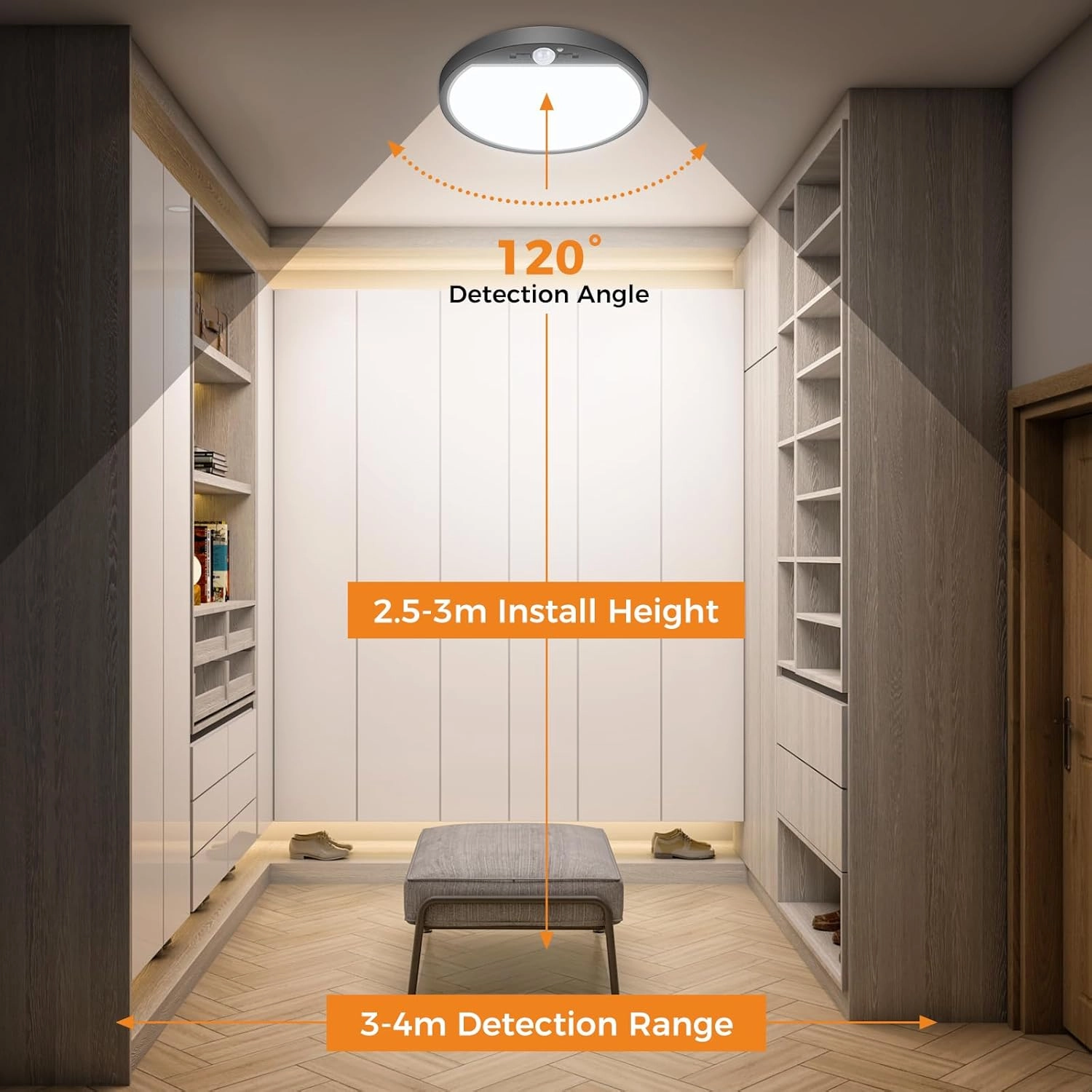 slochi 2Pack Motion Sensor Light Indoor Wired PIR, 3000K/4000K/6500K Closet Lights Motion Sensored, 15W 1500LM 7 in, Timer, Motion Activated Flush Mount Ceiling Light for Hallway Wall Pantry, Black