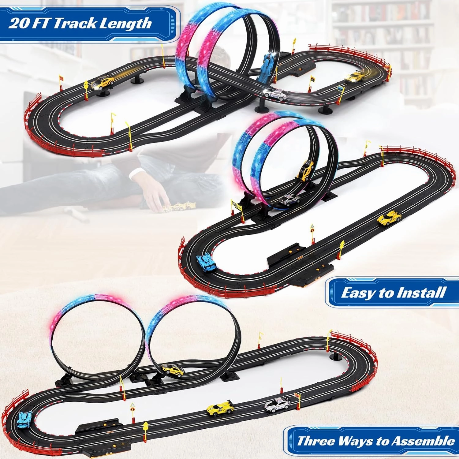 Slot Car Race Track Sets with 4 Slot Cars, 20ft Race Car Track for Boys and Kids, Dual Racing Game Lap Counter Circular Overpass Track, Gifts Toys for Boys Kids Age 6 7 8-12