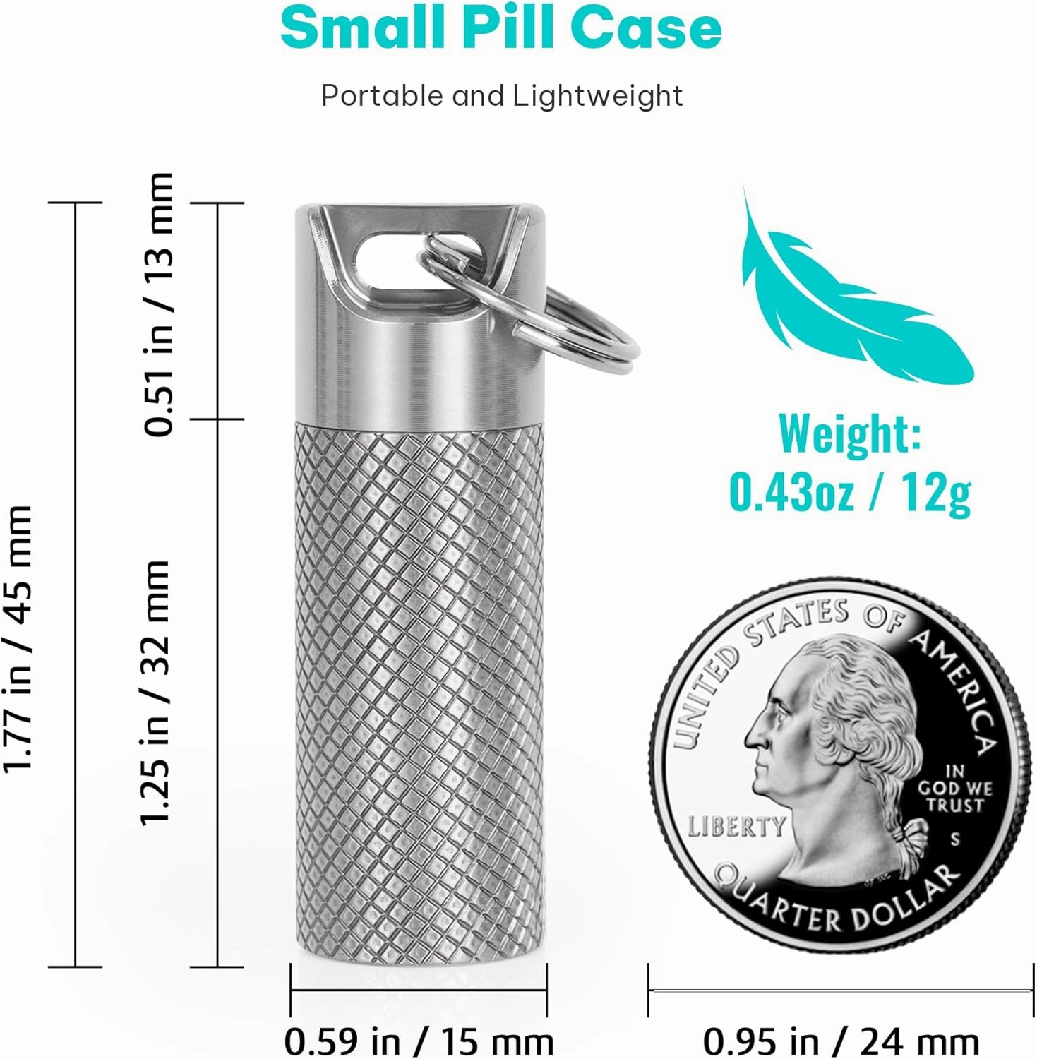 Small Pill Box, Titanium Pill Holder Waterproof & Lightweight, Keychain Pill Container for Emergency Pills, Pill Fob with Key-Ring, Pocket Purse Pill Case for Outdoor Travel Camping