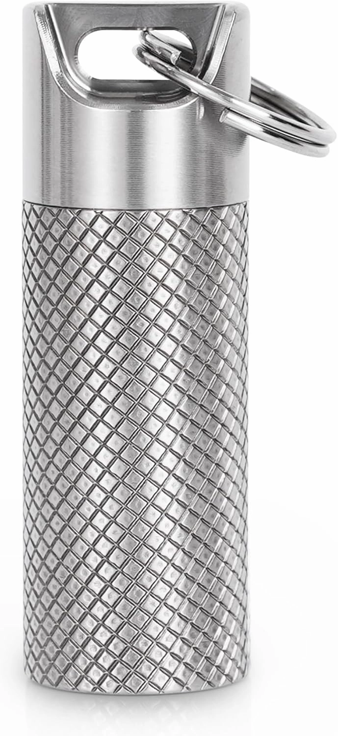 Small Pill Box, Titanium Pill Holder Waterproof & Lightweight, Keychain Pill Container for Emergency Pills, Pill Fob with Key-Ring, Pocket Purse Pill Case for Outdoor Travel Camping