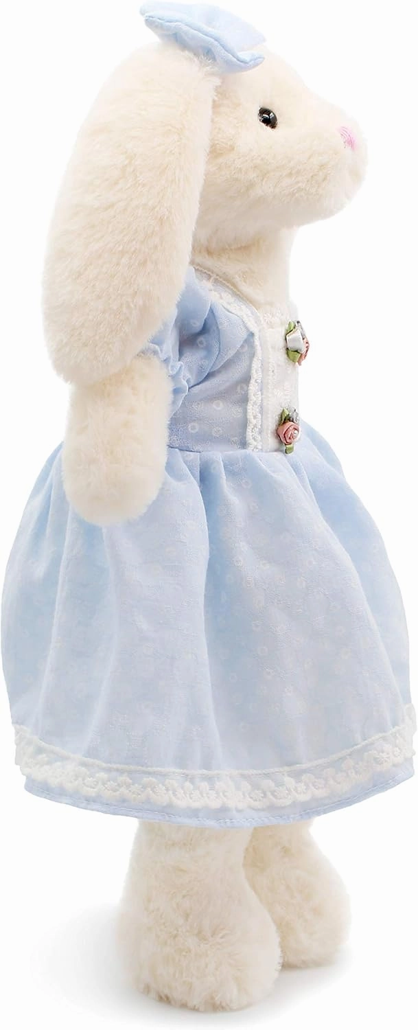 Small Soft Stuffed Animal Bunny Rabbit Plush Toy for Baby Girls 15inch (White Rabbit Wearing Blue Retro Dress)