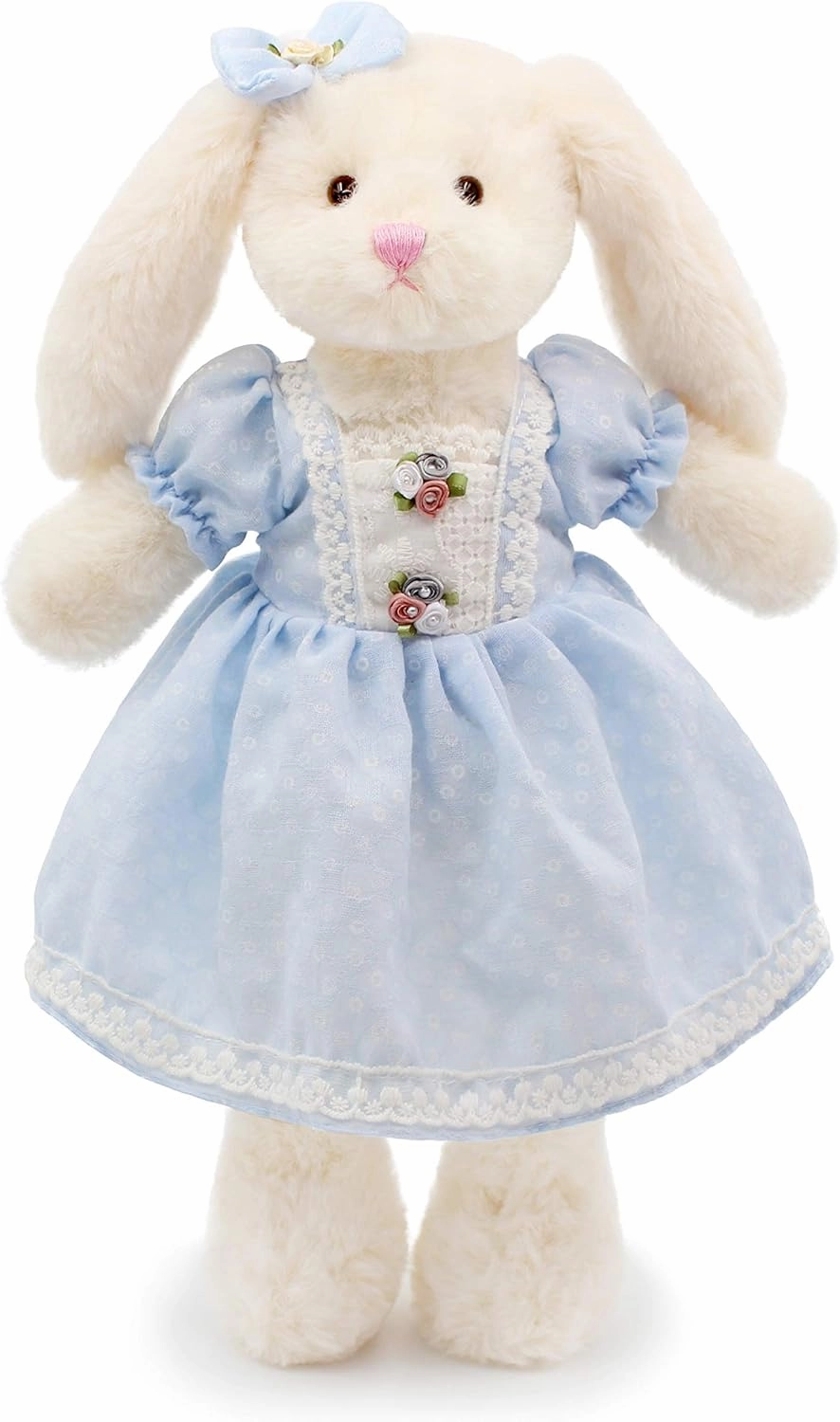 Small Soft Stuffed Animal Bunny Rabbit Plush Toy for Baby Girls 15inch (White Rabbit Wearing Blue Retro Dress)