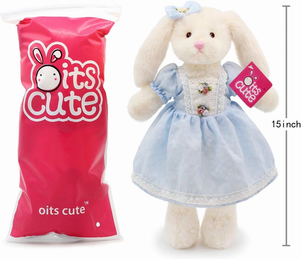 Small Soft Stuffed Animal Bunny Rabbit Plush Toy for Baby Girls 15inch (White Rabbit Wearing Blue Retro Dress)