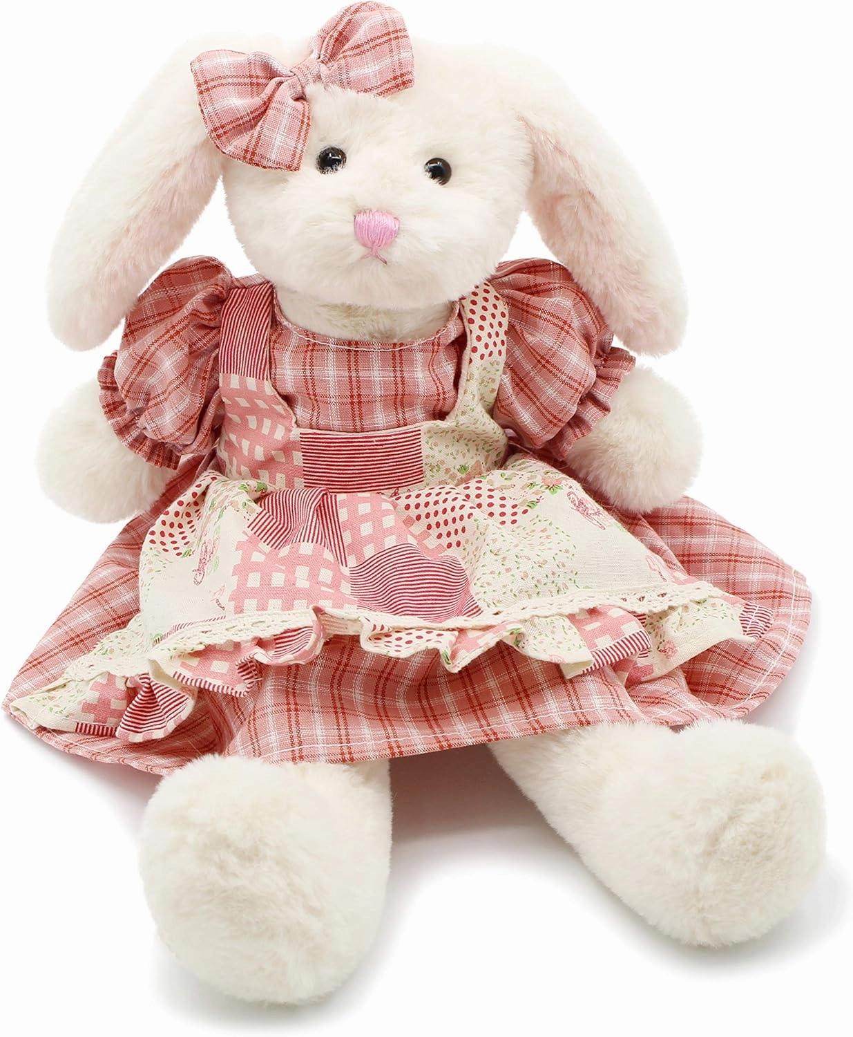 Small Soft Stuffed Animal Bunny Rabbit Plush Toy for Baby Girls 15inch (White Rabbit Wearing Red Plaid Dress)