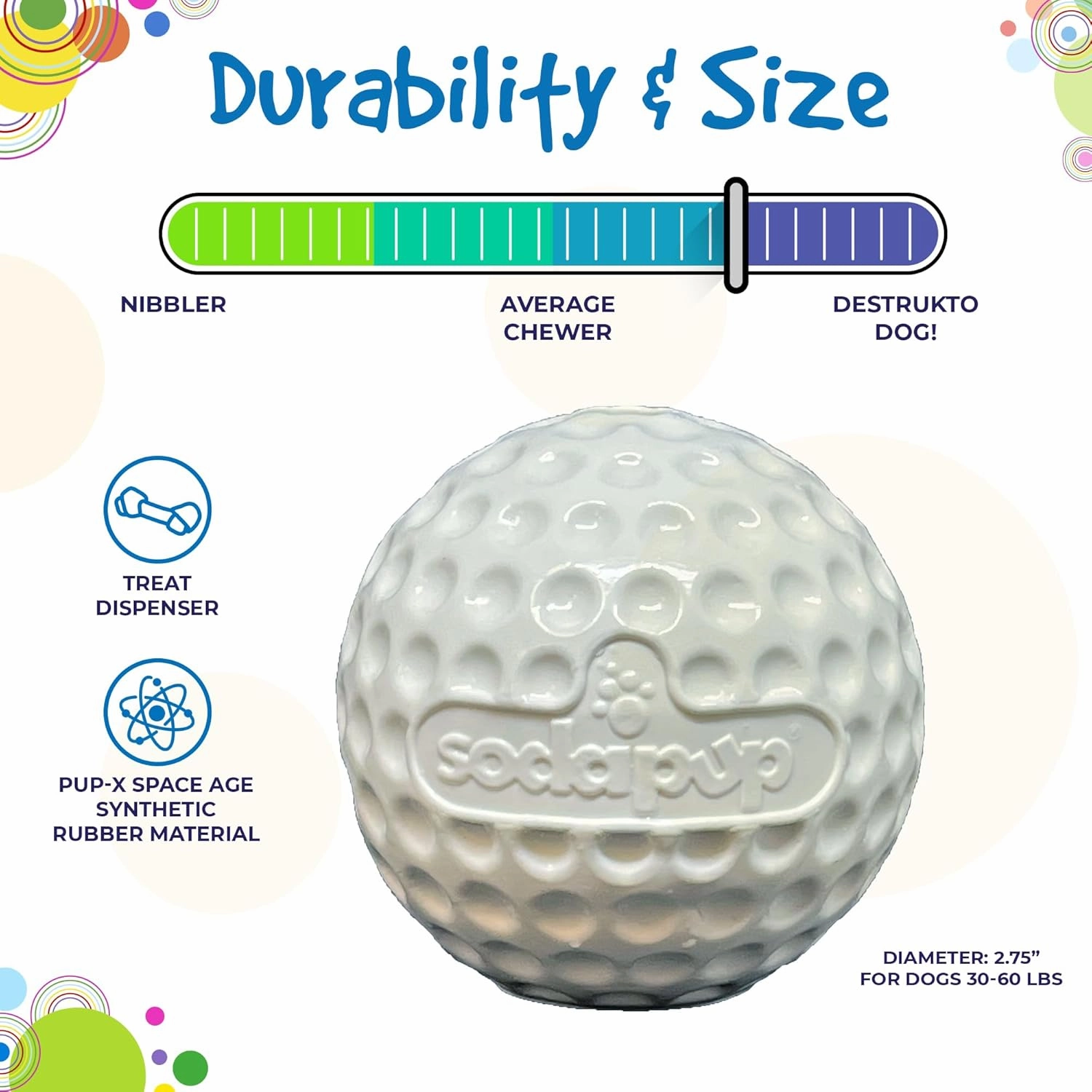 SodaPup Golf Ball – Durable Dog Treat Dispenser & Chew Toy Made in USA from Non-Toxic, Pet Safe, Food Safe Rubber Material for Mental Stimulation, Problem Chewing, Calming Nerves, & More