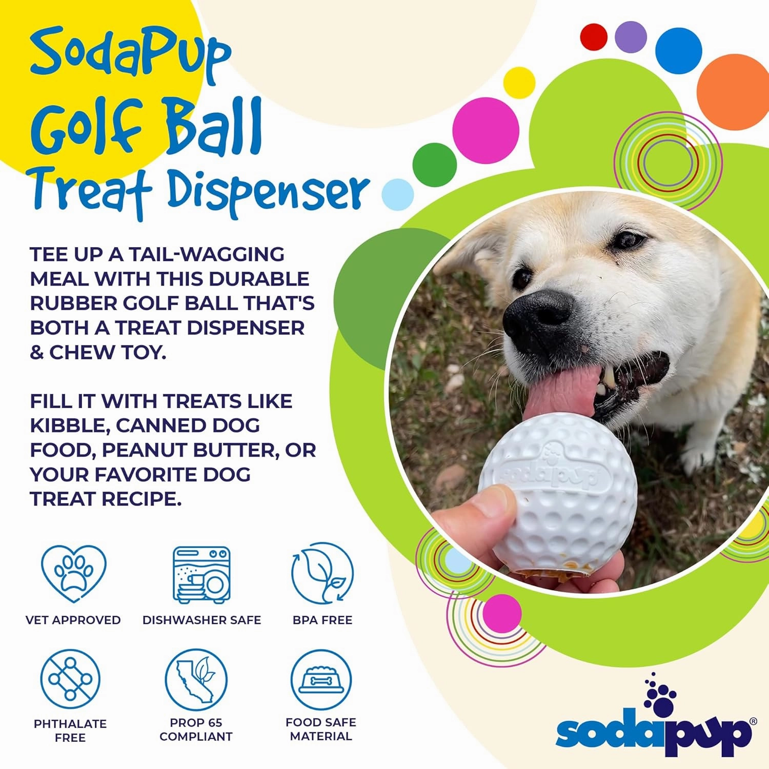 SodaPup Golf Ball – Durable Dog Treat Dispenser & Chew Toy Made in USA from Non-Toxic, Pet Safe, Food Safe Rubber Material for Mental Stimulation, Problem Chewing, Calming Nerves, & More