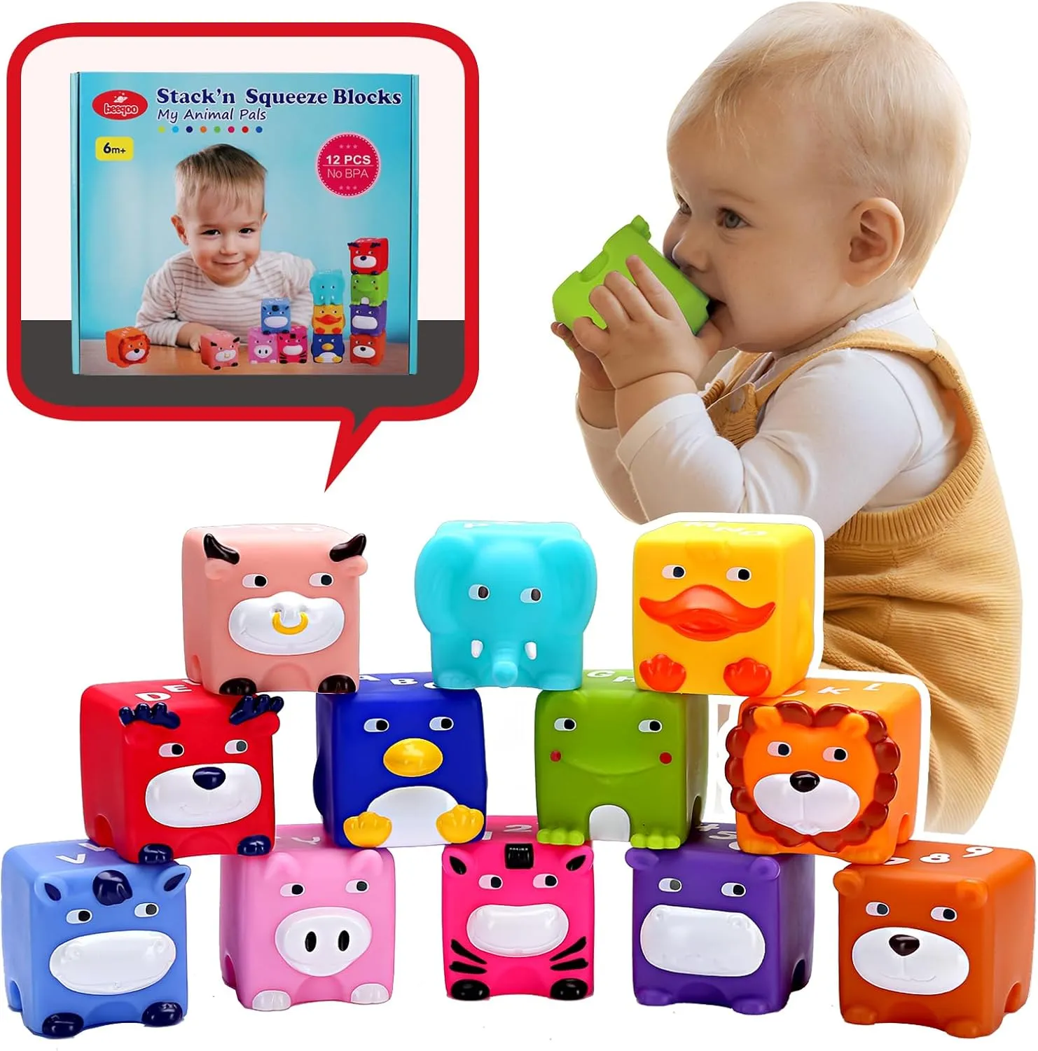 Soft Baby Blocks – Stacking & Building Toys for Babies and Toddlers – 12 No Hole Squeeze Animals Blocks – Sensory Teething Toys for Infant 6 Months 