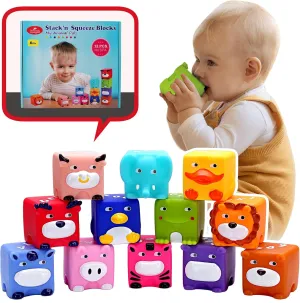 Soft Baby Blocks – Stacking & Building Toys for Babies and Toddlers – 12 No Hole Squeeze Animals Blocks – Sensory Teething Toys for Infant 6 Months 