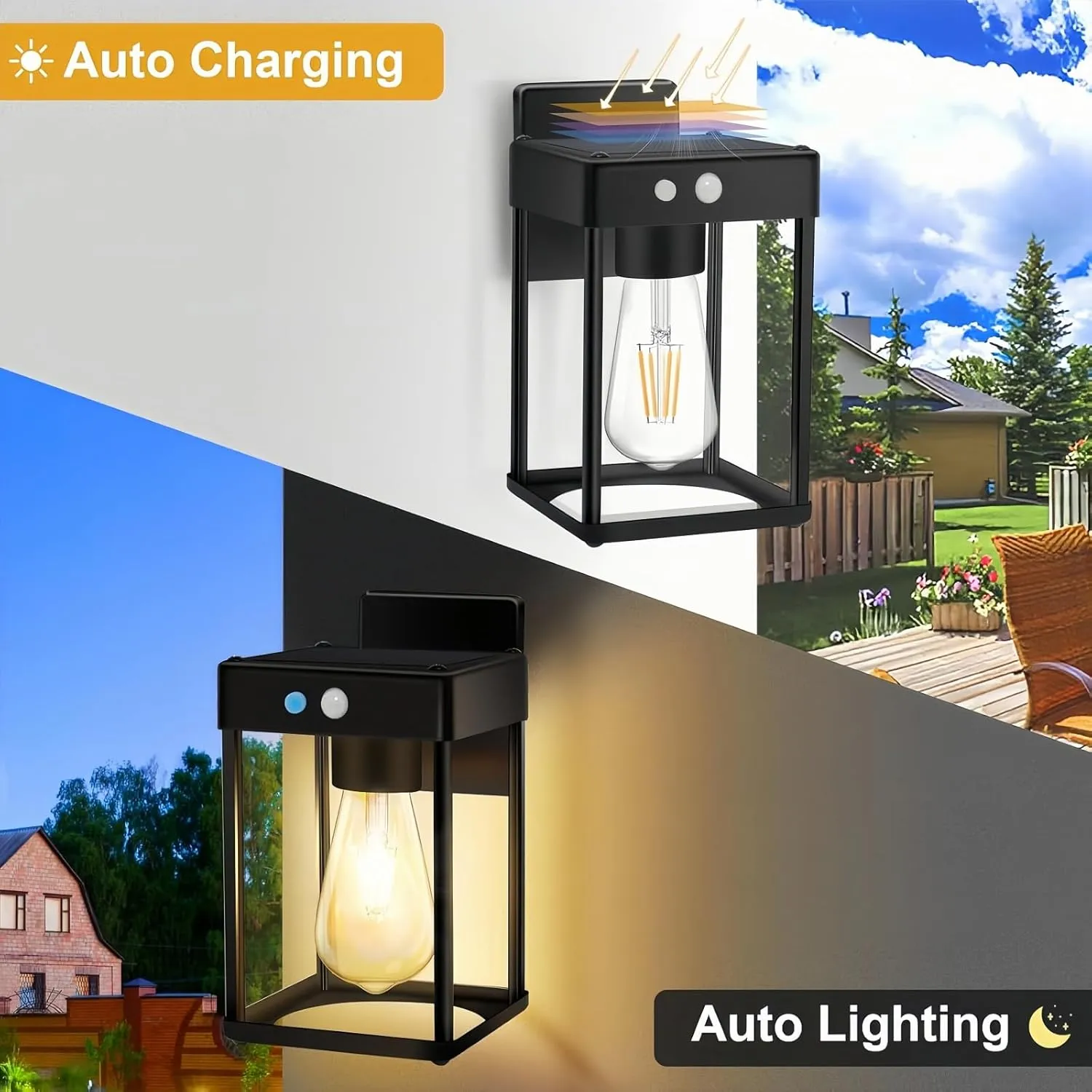 Solar Wall Lanterns Outdoor, Teilybao Sconce Lights with 3200K Warm Bulb & 6500K White Bulb, Solar Wall Lights Waterproof with Clear Panel & 3 Lighting Modes for Garage Porch Patio Yard (2)