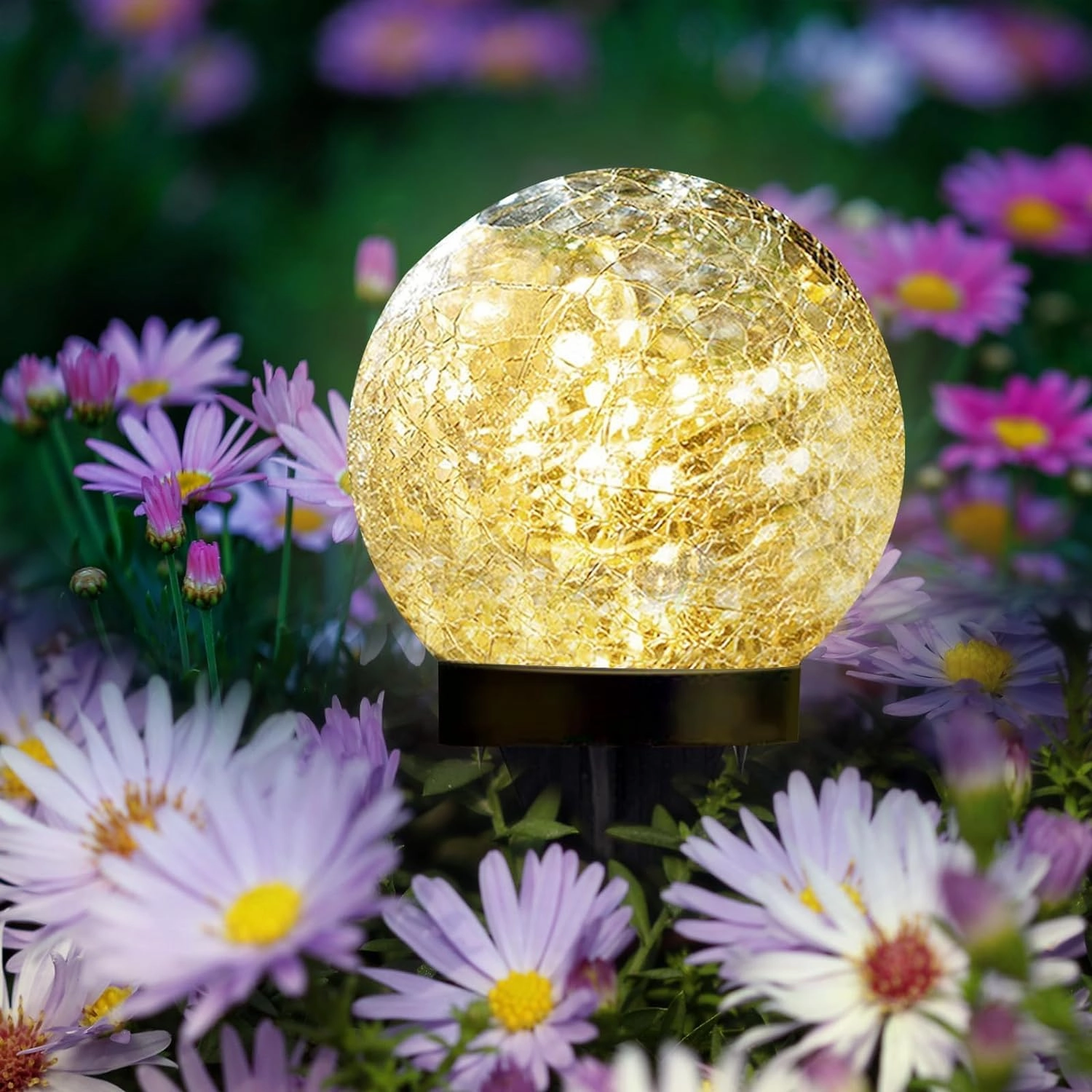 Solar Garden Lights Outdoor Waterproof, 4 Pack Cracked Glass Ball Light, Ground Landscape Garden Decor, Solar Globe Decorative for Pathway/Patio/Lawn/Yard (Warm White, 4.7")