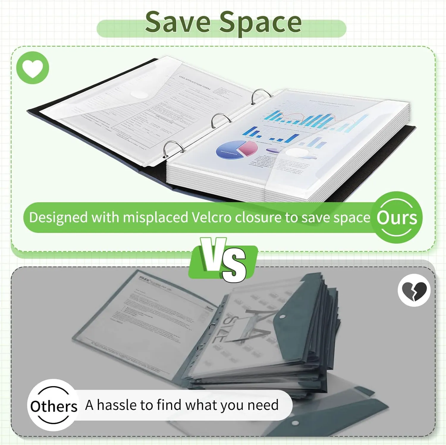 Sooez 30 Pack Binder Folders with Space-Saving Closure, Super Heavyweight Binder Pockets for 3 Ring Binder, High Capacity Clear Binder Pouch, Side Loading, 3 Ring Folders with Pockets, Letter Size