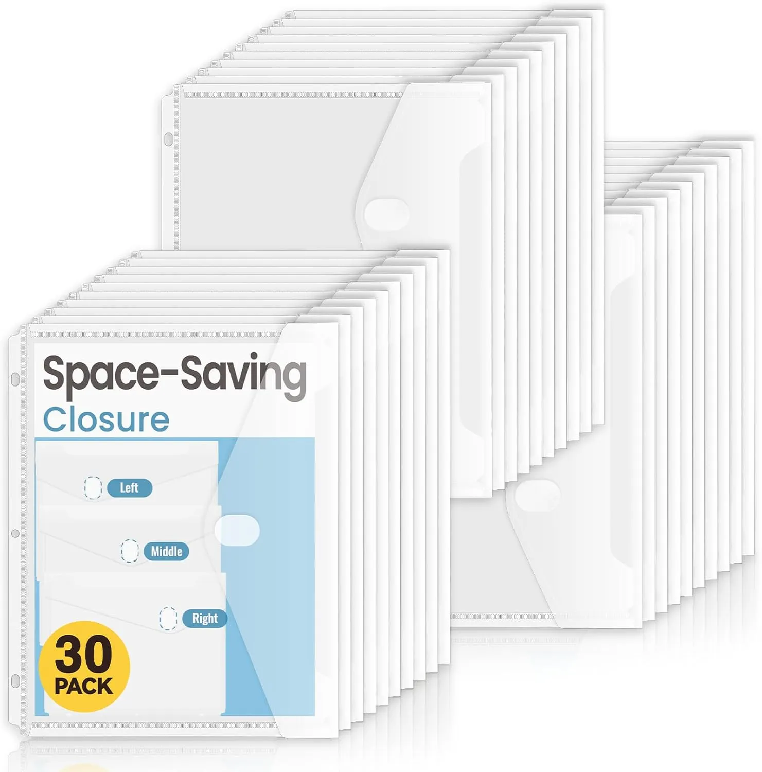 Sooez 30 Pack Binder Folders with Space-Saving Closure, Super Heavyweight Binder Pockets for 3 Ring Binder, High Capacity Clear Binder Pouch, Side Loading, 3 Ring Folders with Pockets, Letter Size