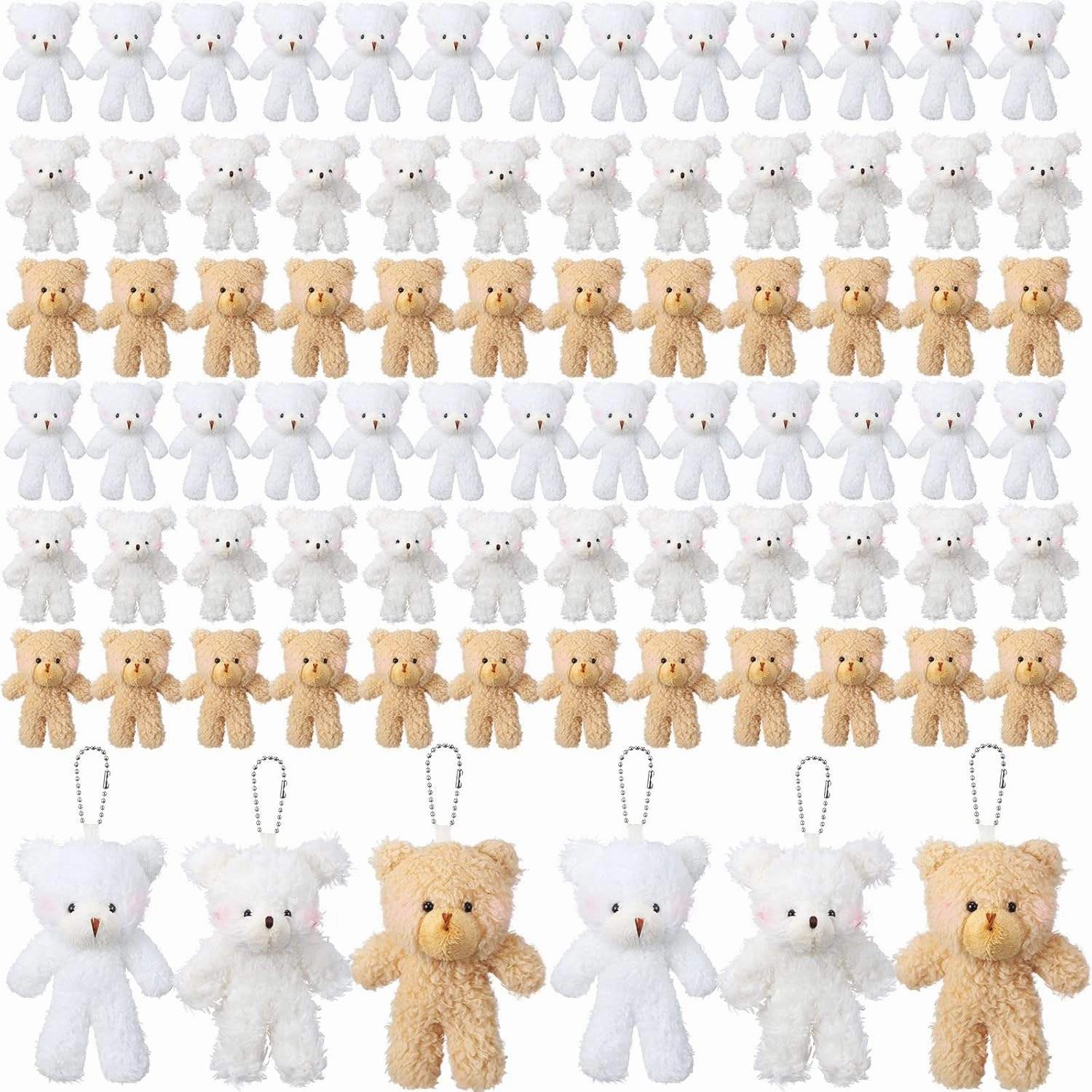 Sosation 100 Pieces 4.7 Inch Mini Plush Bear Bulk Baby Shower Small Stuffed Bear Keychain for DIY Graduation Wedding Party(Brown, Beige, White)