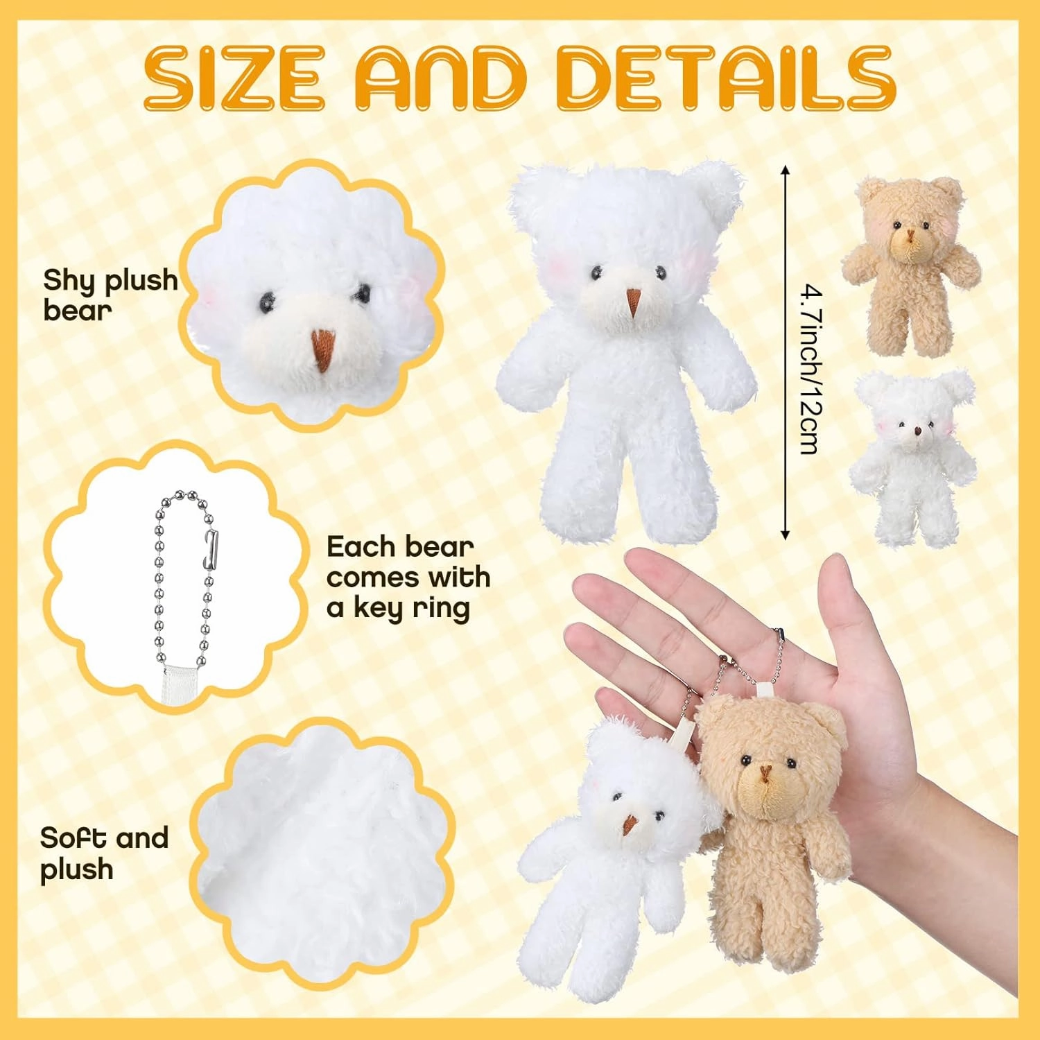 Sosation 100 Pieces 4.7 Inch Mini Plush Bear Bulk Baby Shower Small Stuffed Bear Keychain for DIY Graduation Wedding Party(Brown, Beige, White)