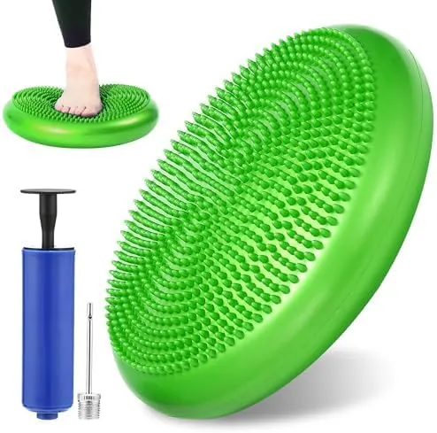 Special Supplies Stability Cushion Balance Pad for Core Strength Trainer and Flexibility, Tactile Sensory Disc for Standing or Sitting, Soft Molded Spike Surface, Includes Air Pump (Green)
