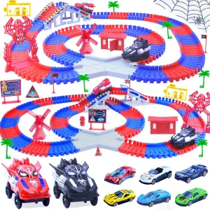 Spider Toys for Kids, 221 PCS Boys Spider Race Track with 6 Alloy Cars Toys, DIY Monster Truck Flexible Tracks for 3 4 5 6 Year Old Toddler Birthday Party Favor Gift