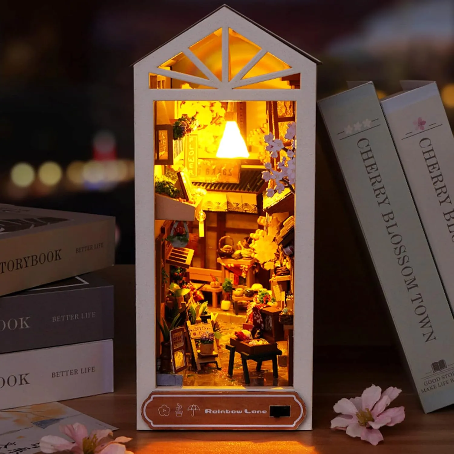 Spilay DIY Dollhouse Miniature Book Nook Assemble Kit,3D Wooden Puzzle Bookshelf Insert Decor with Sensor Light,Bookends Model Build-Creativity Kit for Adults Birthday Gift (TC17)