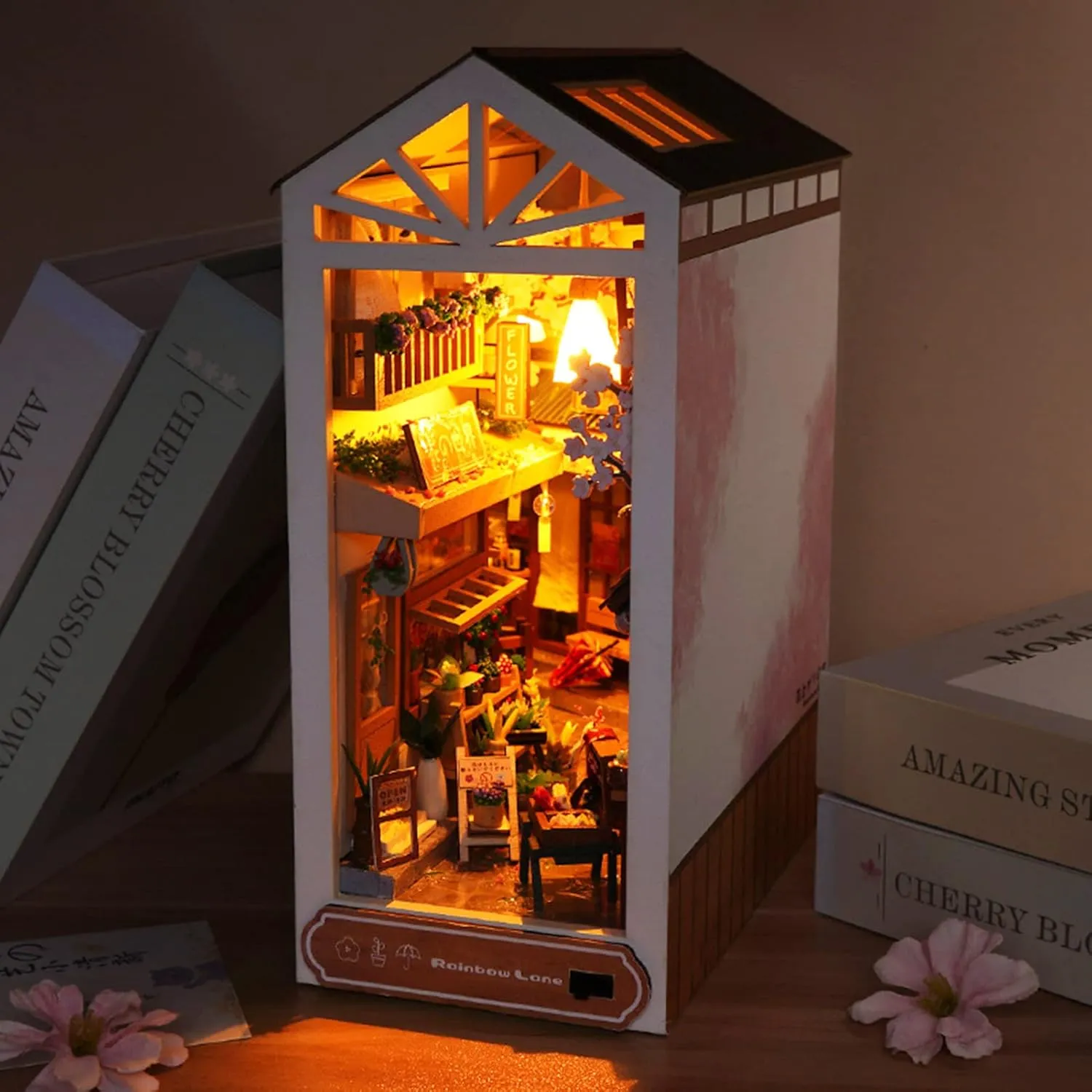 Spilay DIY Dollhouse Miniature Book Nook Assemble Kit,3D Wooden Puzzle Bookshelf Insert Decor with Sensor Light,Bookends Model Build-Creativity Kit for Adults Birthday Gift (TC17)