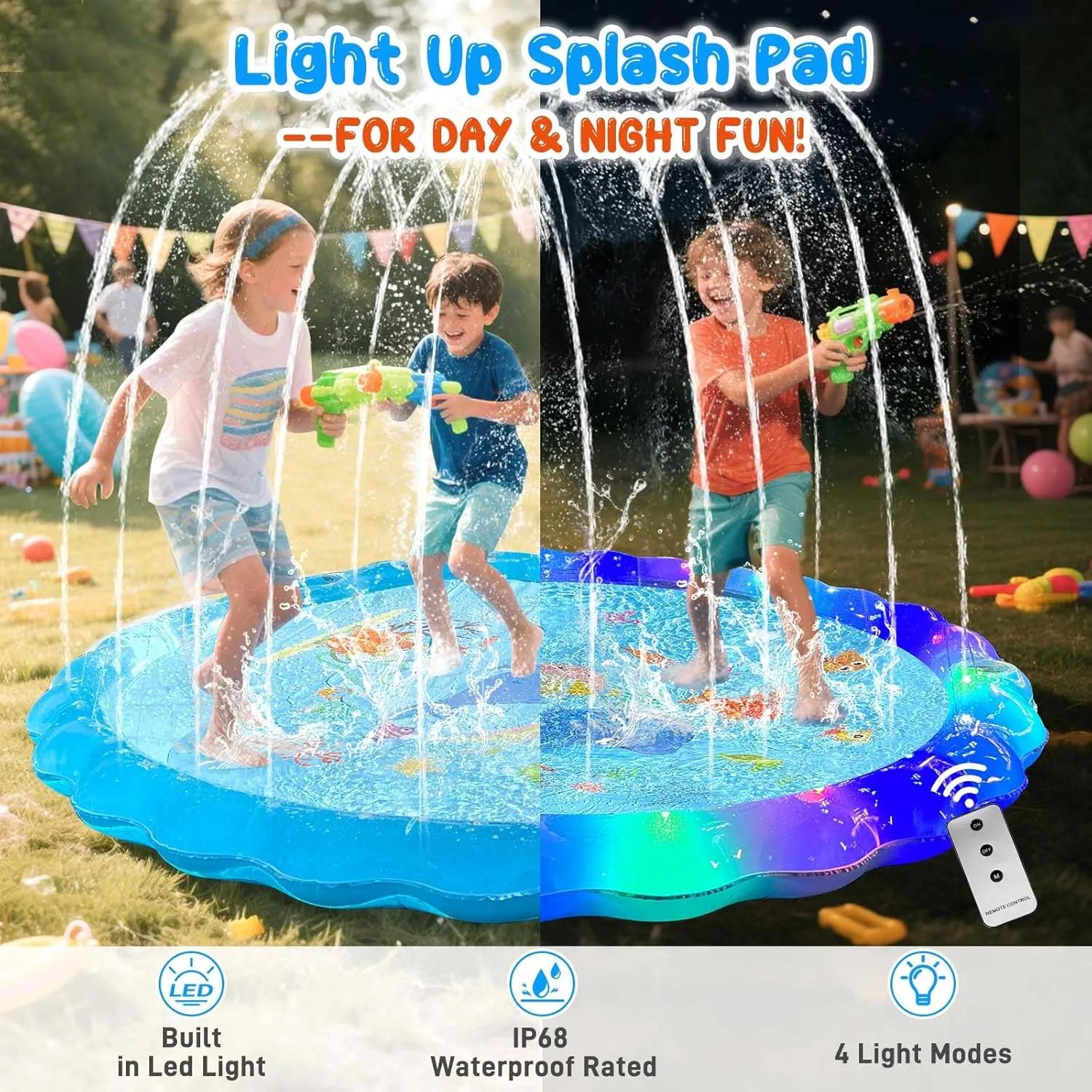 Splash Pad Sprinkler for Kids, 59" Light Up Splash Pads for Toddlers Outside Water Pad, Summer Outdoor Toys Sprinkler Play Mat for Babies, Children and Dogs, Day & Night Backyard Water Toys Gifts