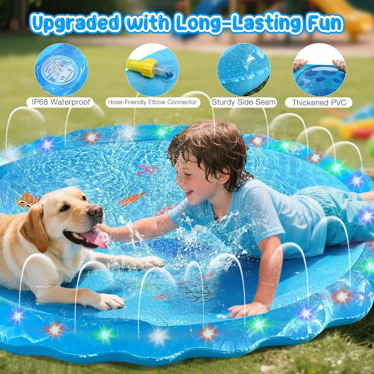 Splash Pad Sprinkler for Kids, 59" Light Up Splash Pads for Toddlers Outside Water Pad, Summer Outdoor Toys Sprinkler Play Mat for Babies, Children and Dogs, Day & Night Backyard Water Toys Gifts