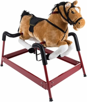 Spring Rocking Horse Plush Ride on Toy with Adjustable Foot Stirrups and Sounds for Toddlers to 5 Years Old by Happy Trails - Brown