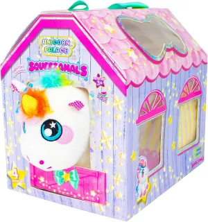 Squeezamals Plush Unicorn Palace- Bright, Rainbow Unicorn Playset with a Palace Stable and Accessory Food to Nibble on! Perfect for Pack-and-Play! Kids are Sure to Love!