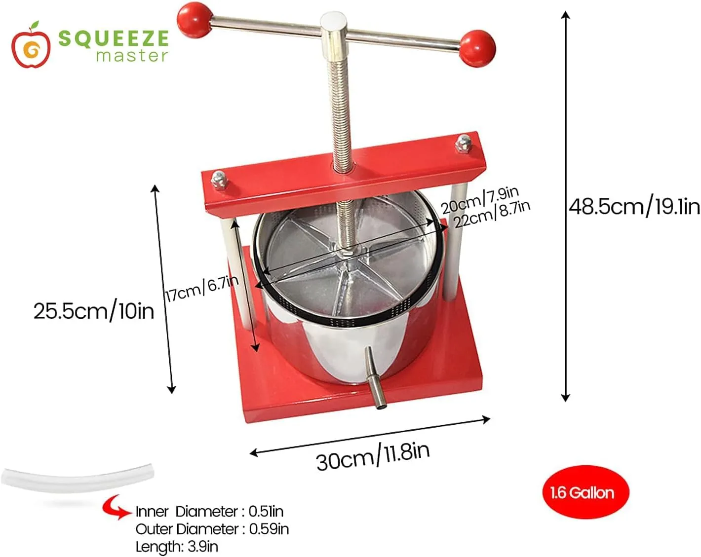 SQUEEZE master Cheese Tincture Herb Fruit Wine Manual Press -1.6Gallon/ 6 Litre-Power Ball Handle-Stainless Steel & Iron for Juice,Cider,Wine,Olive Oil