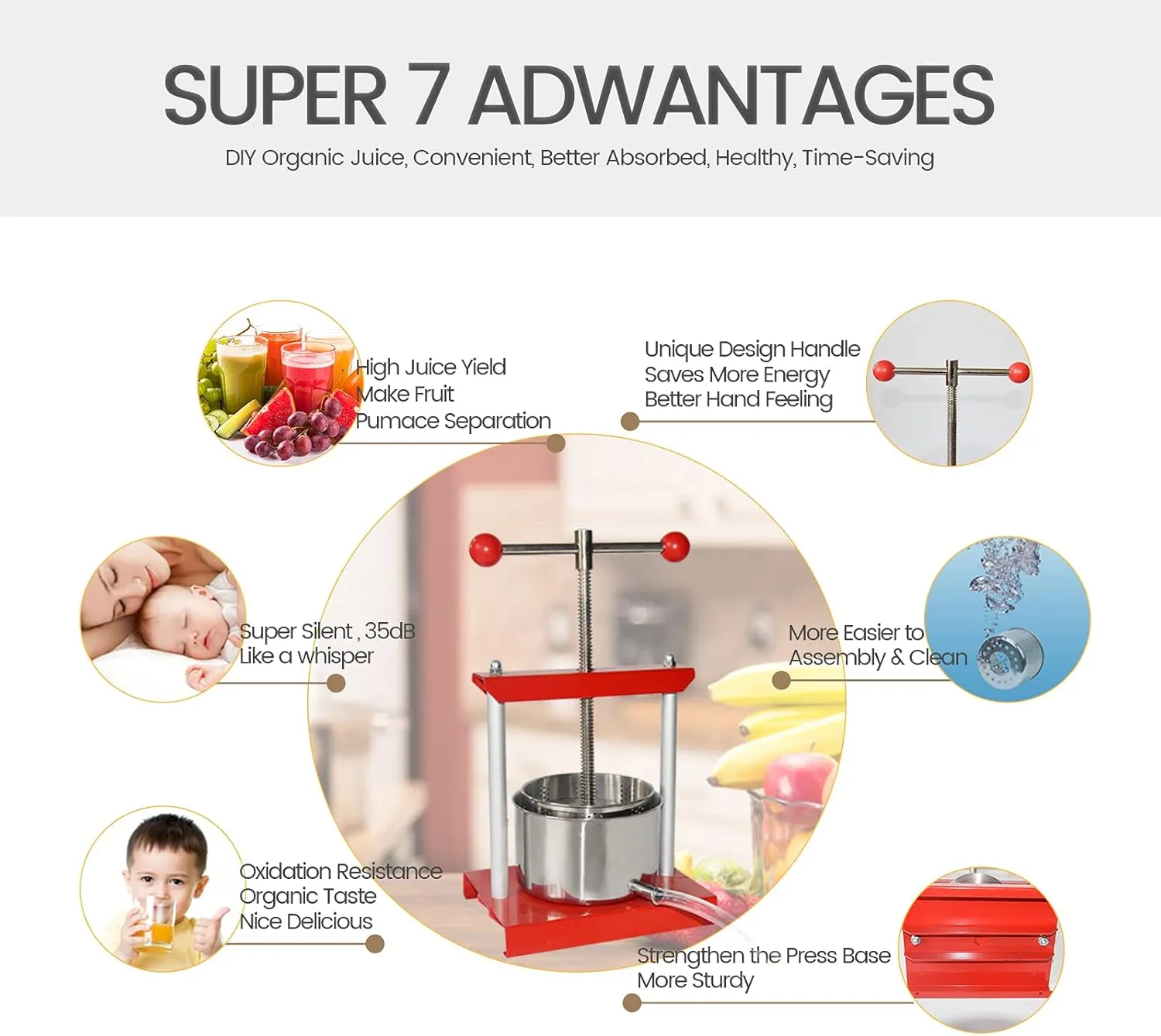 SQUEEZE master Cheese Tincture Herb Fruit Wine Manual Press -1.6Gallon/ 6 Litre-Power Ball Handle-Stainless Steel & Iron for Juice,Cider,Wine,Olive Oil