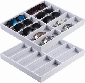 Stackable Eyewear Storage Box, 2 Pcs Sunglasses Drawer Organizer, 10-Grid Velvet Sunglasses Organizer Tray, Watches Jewelry Display Box, Glasses Holder For Drawers, Vanities