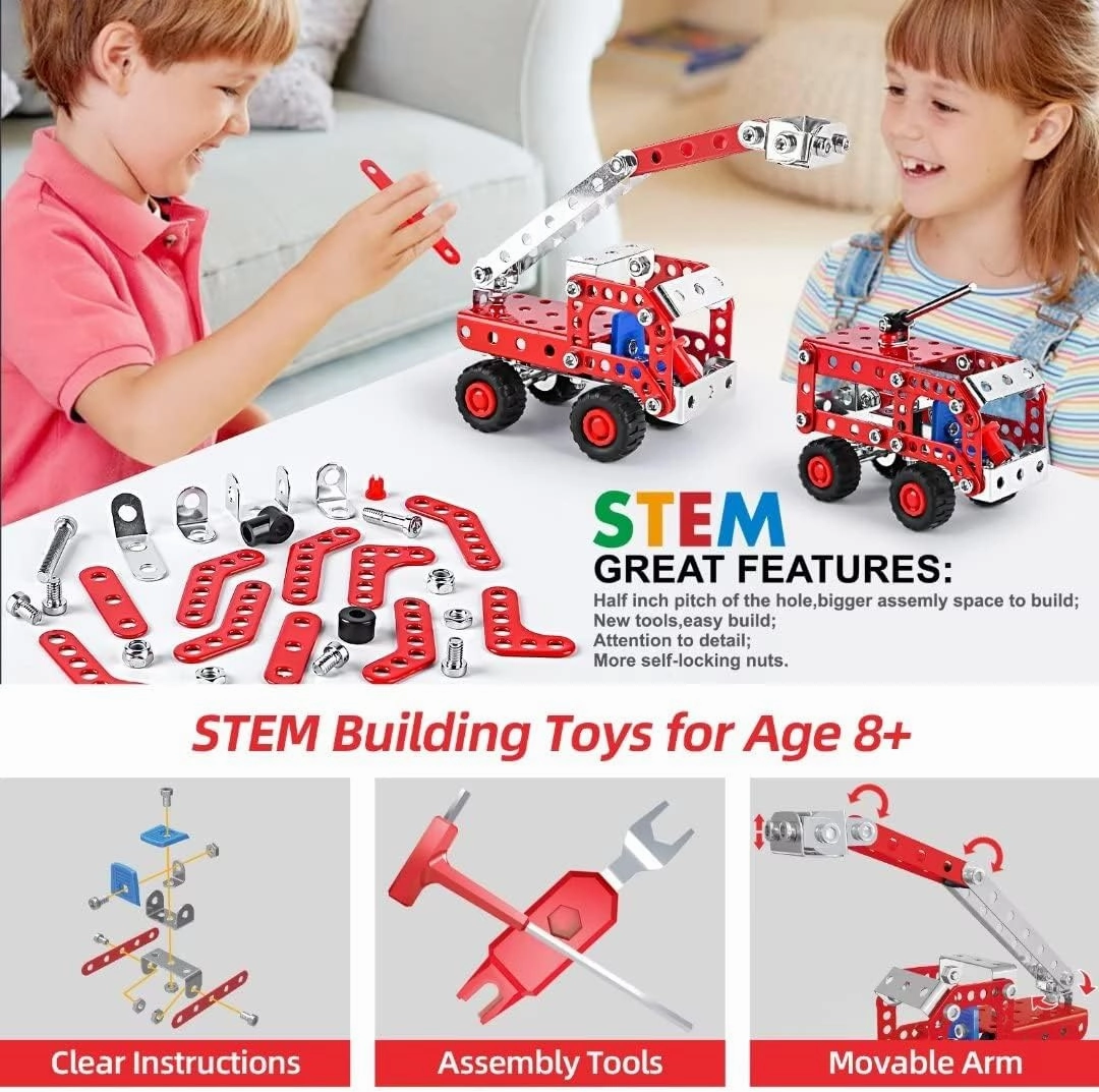 Stem Building Toys for Boys Age 8-12,Erector Sets Fire Trucks Series Model Kit,Assembly Toys for Kids,Metal Building Blocks for Model 4 in 1 Fire Fighting Cars(121PCS)