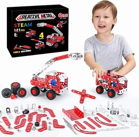 Stem Building Toys for Boys Age 8-12,Erector Sets Fire Trucks Series Model Kit,Assembly Toys for Kids,Metal Building Blocks for Model 4 in 1 Fire Fighting Cars(121PCS)
