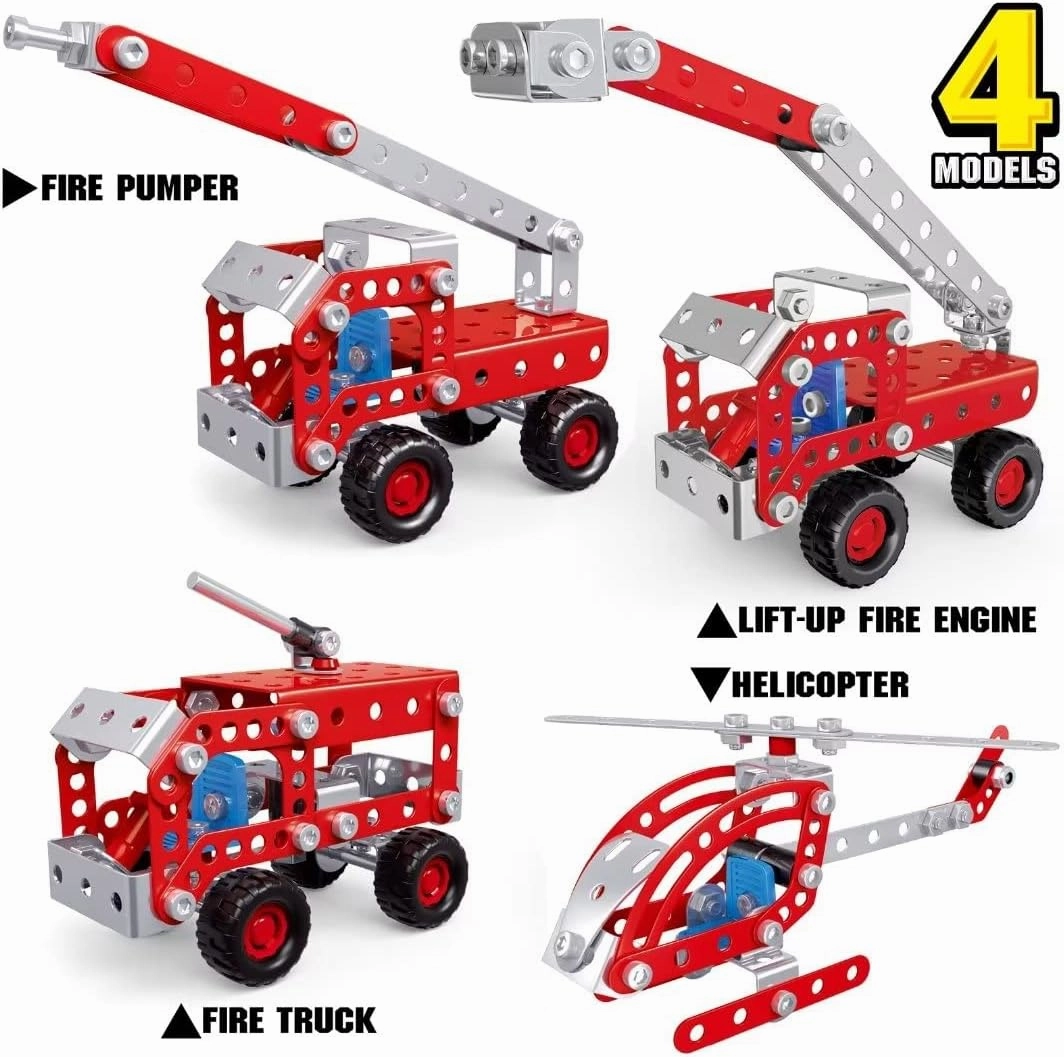 Stem Building Toys for Boys Age 8-12,Erector Sets Fire Trucks Series Model Kit,Assembly Toys for Kids,Metal Building Blocks for Model 4 in 1 Fire Fighting Cars(121PCS)