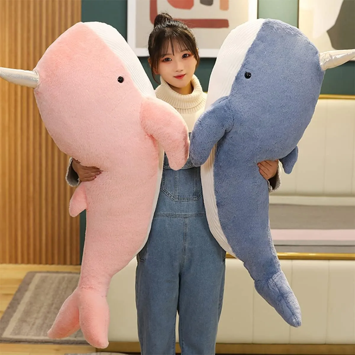 Stuffed Animal Narwhale Plush Pillow:Novelty Cute Soft Cuddle Pink Narwhale Hugging Fuzzy Toy Adorable Kawaii Sleeping Plushie Home Car Decor Gift for Girl Boy Kid Birthday Valentine Christmas 23.6in