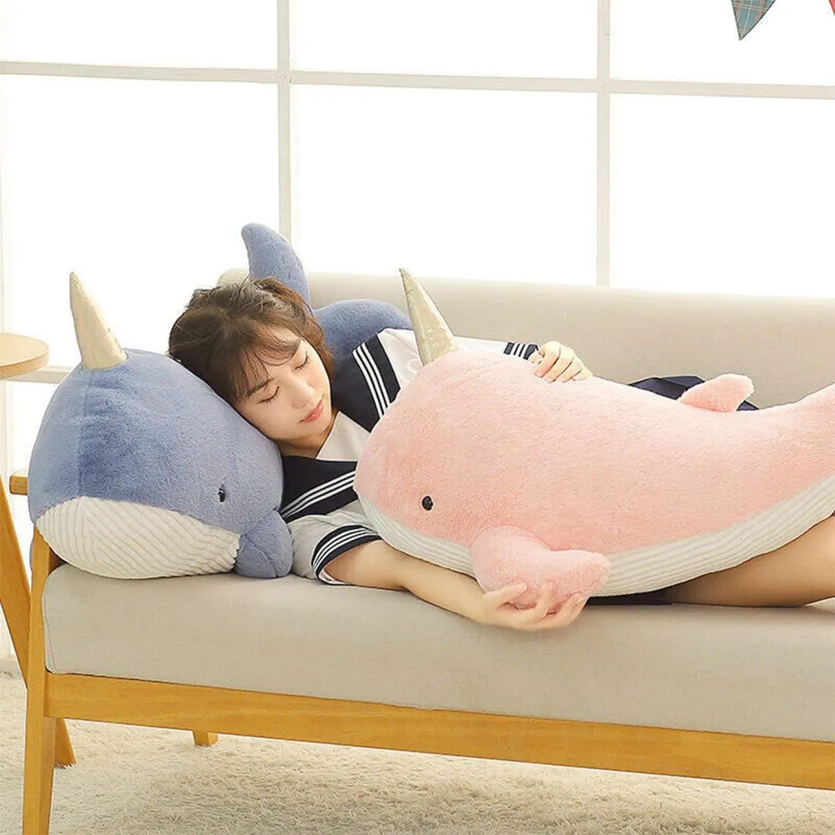 Stuffed Animal Narwhale Plush Pillow:Novelty Cute Soft Cuddle Pink Narwhale Hugging Fuzzy Toy Adorable Kawaii Sleeping Plushie Home Car Decor Gift for Girl Boy Kid Birthday Valentine Christmas 23.6in