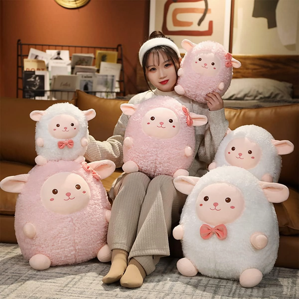 Stuffed Animal Sheep Plush Pillow:Novelty Cute Soft Cuddle Pink Lamb Hugging Doll Fuzzy Toy Adorable Kawaii Sleeping Plushie Home Car Decor Gift for Girls Boy Kids Birthday Valentine Christmas 12in