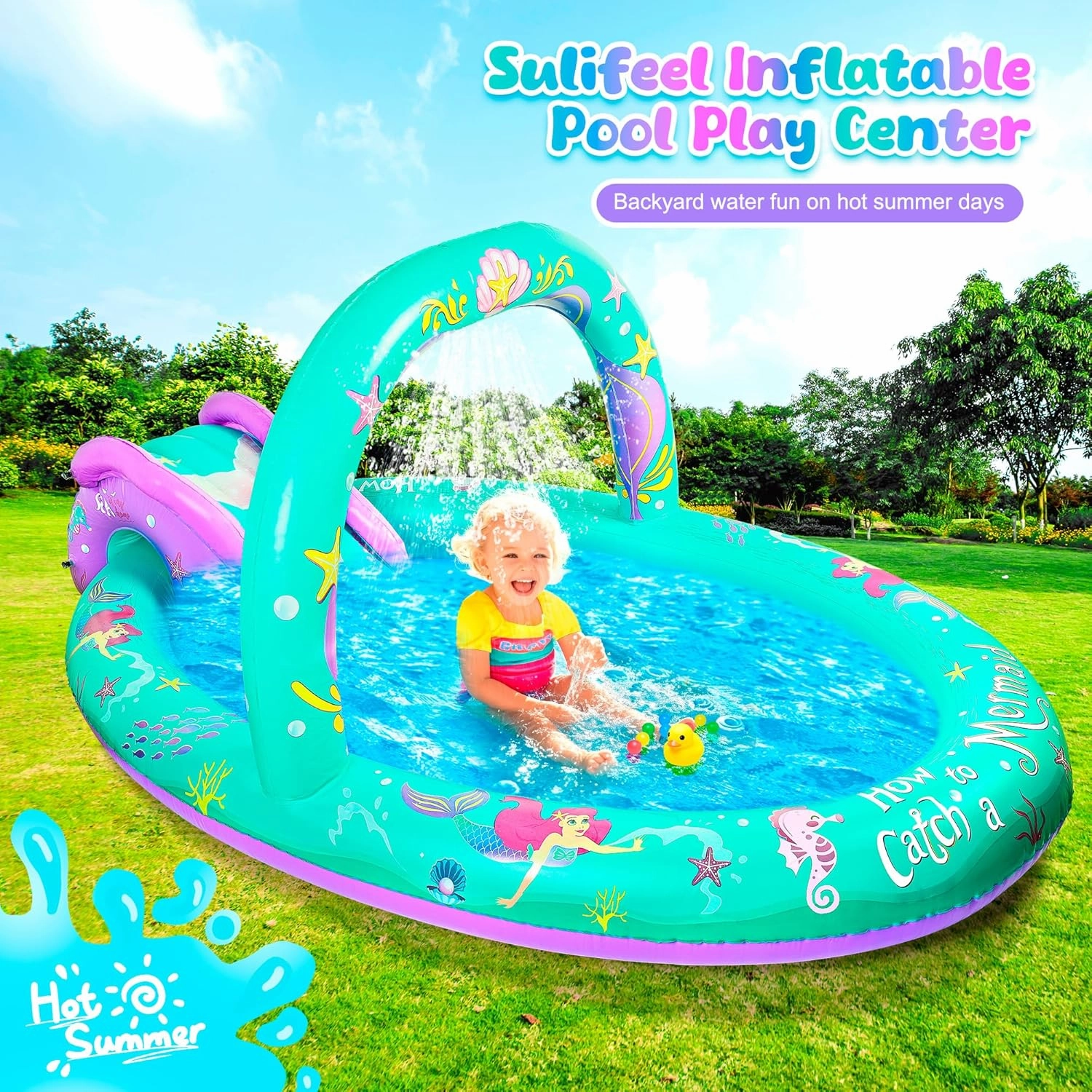 SULIFEEL Mermaid Inflatable Play Center Kiddie Pool with Slide and Sprinkler for Children, 96''x59''x39'' Baby Pool for Backyard and Garden, Free Inflatable Pump