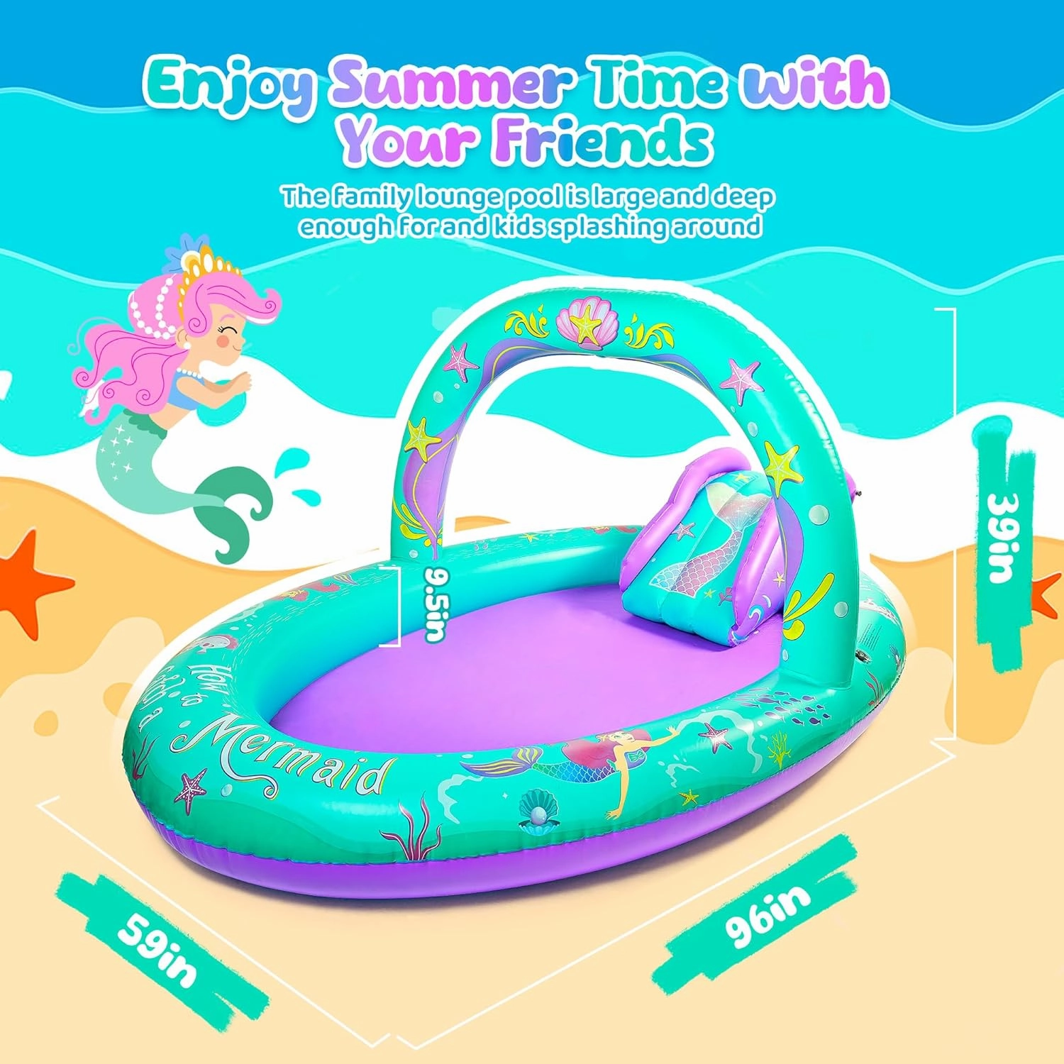 SULIFEEL Mermaid Inflatable Play Center Kiddie Pool with Slide and Sprinkler for Children, 96''x59''x39'' Baby Pool for Backyard and Garden, Free Inflatable Pump