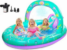 SULIFEEL Mermaid Inflatable Play Center Kiddie Pool with Slide and Sprinkler for Children, 96''x59''x39'' Baby Pool for Backyard and Garden, Free Inflatable Pump