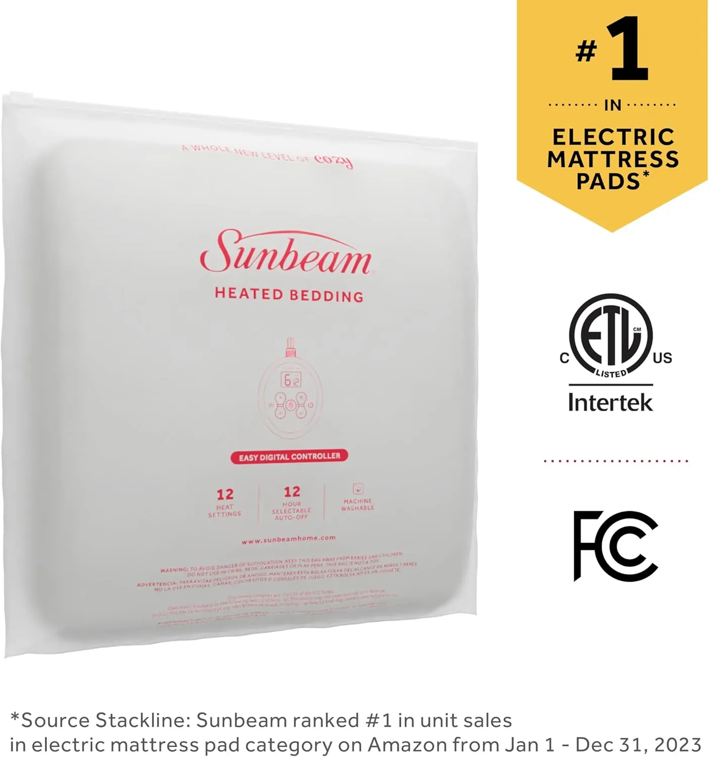 Sunbeam Electric Restful Quilted Heated Mattress Pad, 12 Heat Settings, 12-Hour Selectable Auto Shut-Off, Fast Heating, Warming Bed, Soft Extra-Cozy Fabric, Twin, 39" x 75"